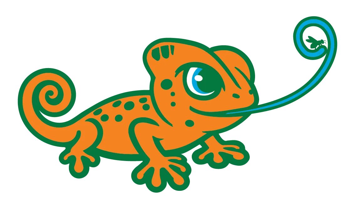 Cartoon orange chameleon with green outline and spots, extended curled blue tongue catching a green insect.