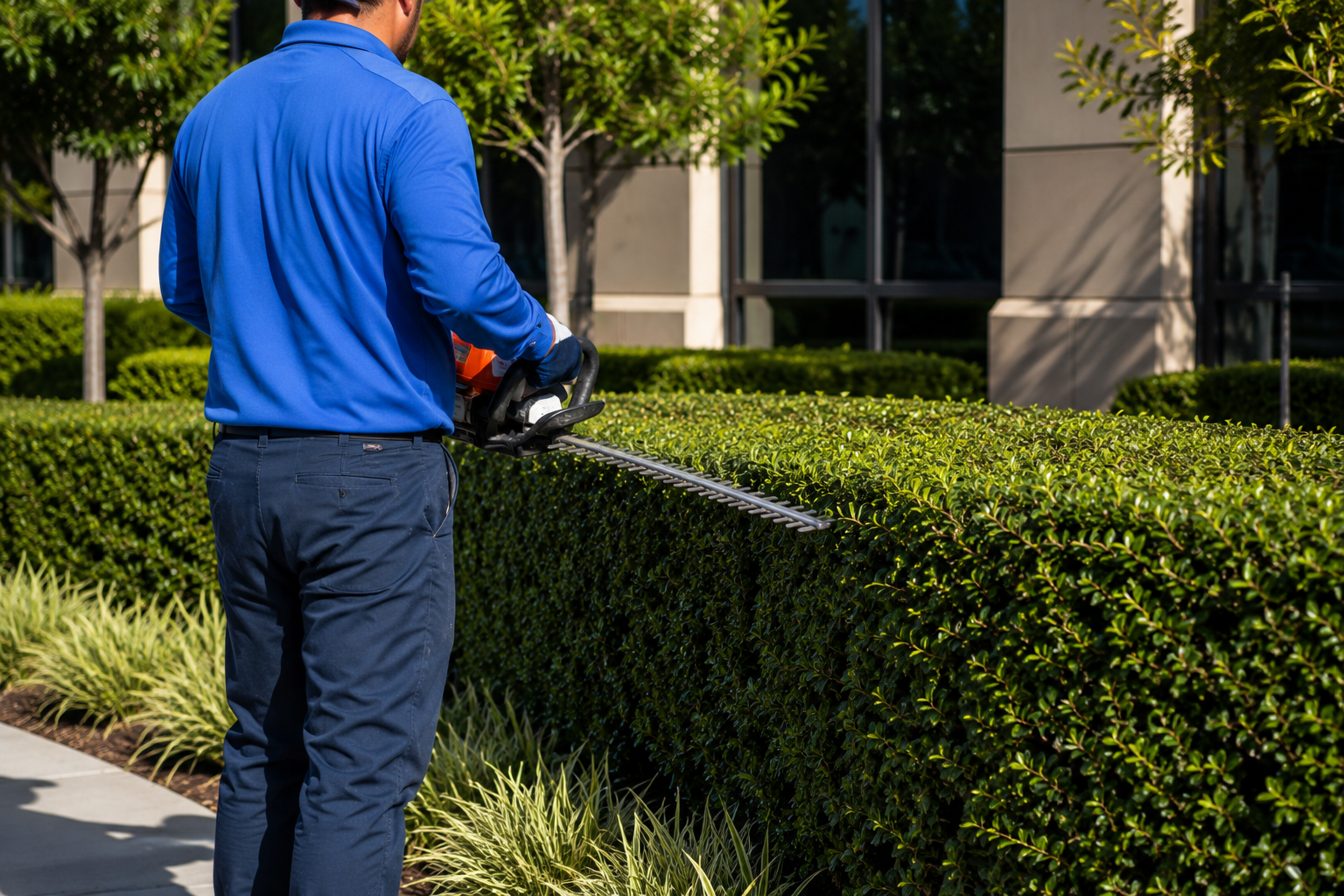 Vista Lawn and Pest technician trimming hedges and shrubs at a North Texas residential property