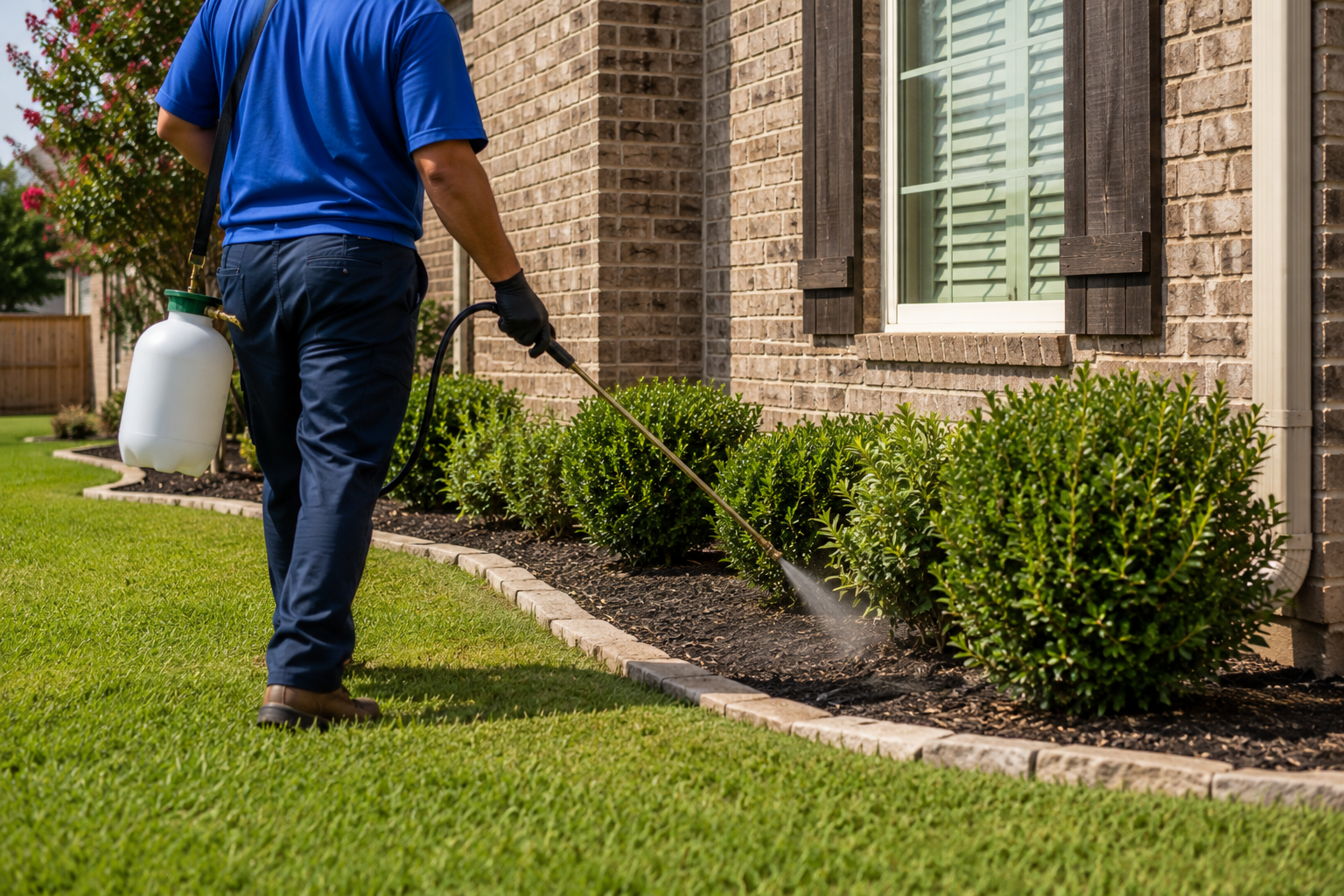 Vista Lawn and Pest technician spraying pest control treatment on shrubs at a North Texas home