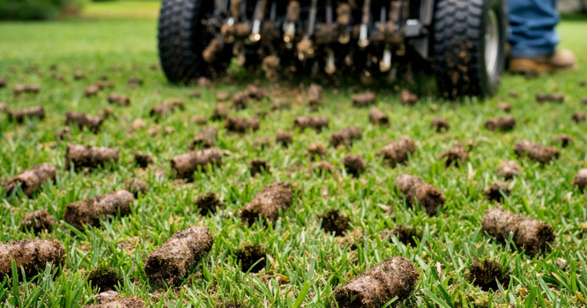 Core aeration soil plugs on a residential lawn in Midlothian TX showing improved turf health