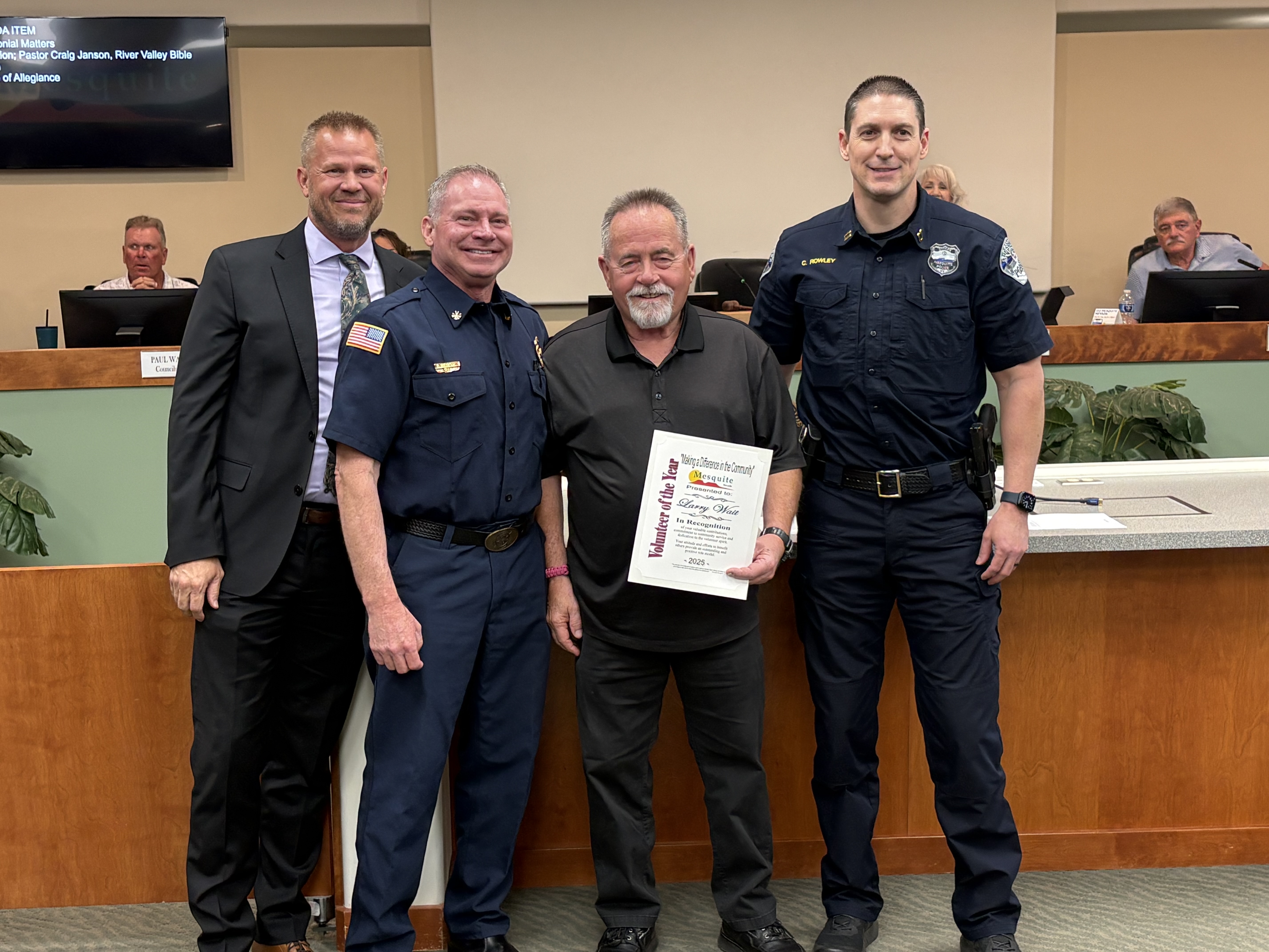 Volunteer of the year - Larry Waite, with Mayor, FD Deputy Chief Thornton, Capt Rowley