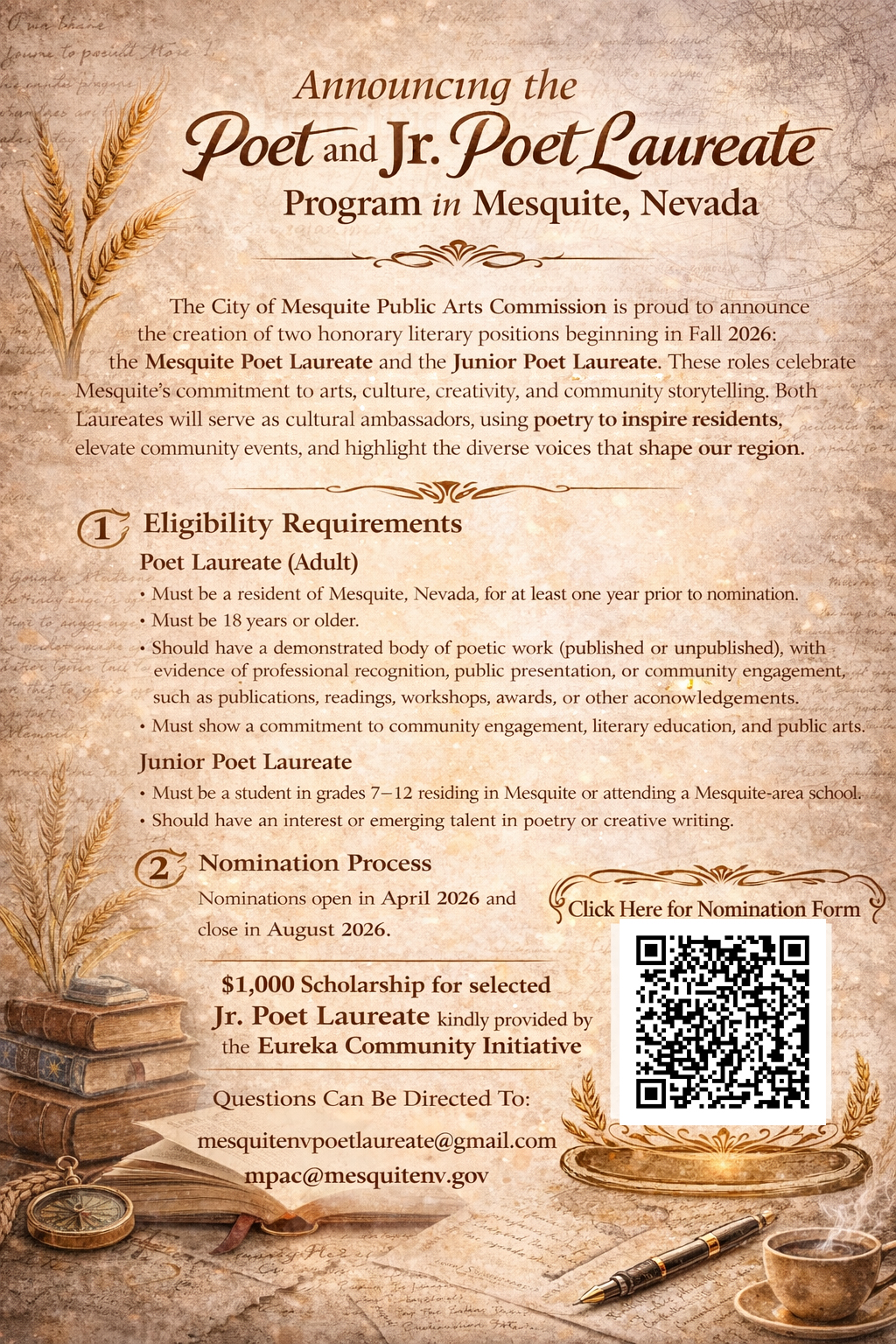 Poet and Jr. Poet Laureate Program, Eureka Community Initiative sponsoring a $1,000 scholarship opportunity!