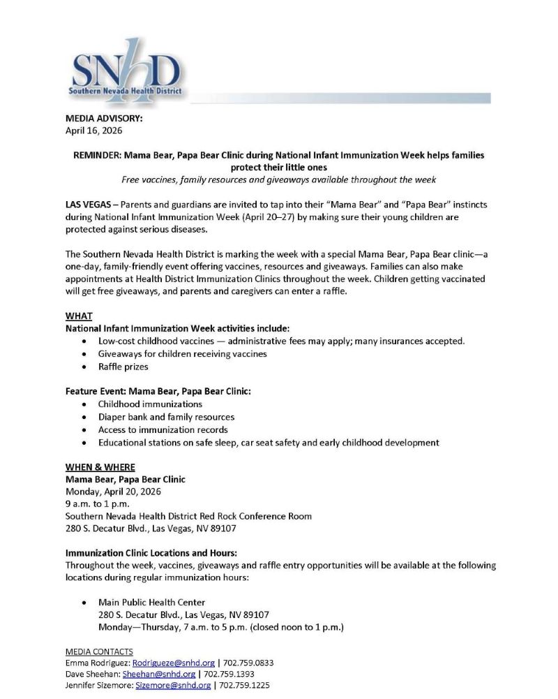 IMMEDIATE RELEASE: Mama Bear, Papa Bear Clinic during National Infant Immunization Week helps families protect their little ones