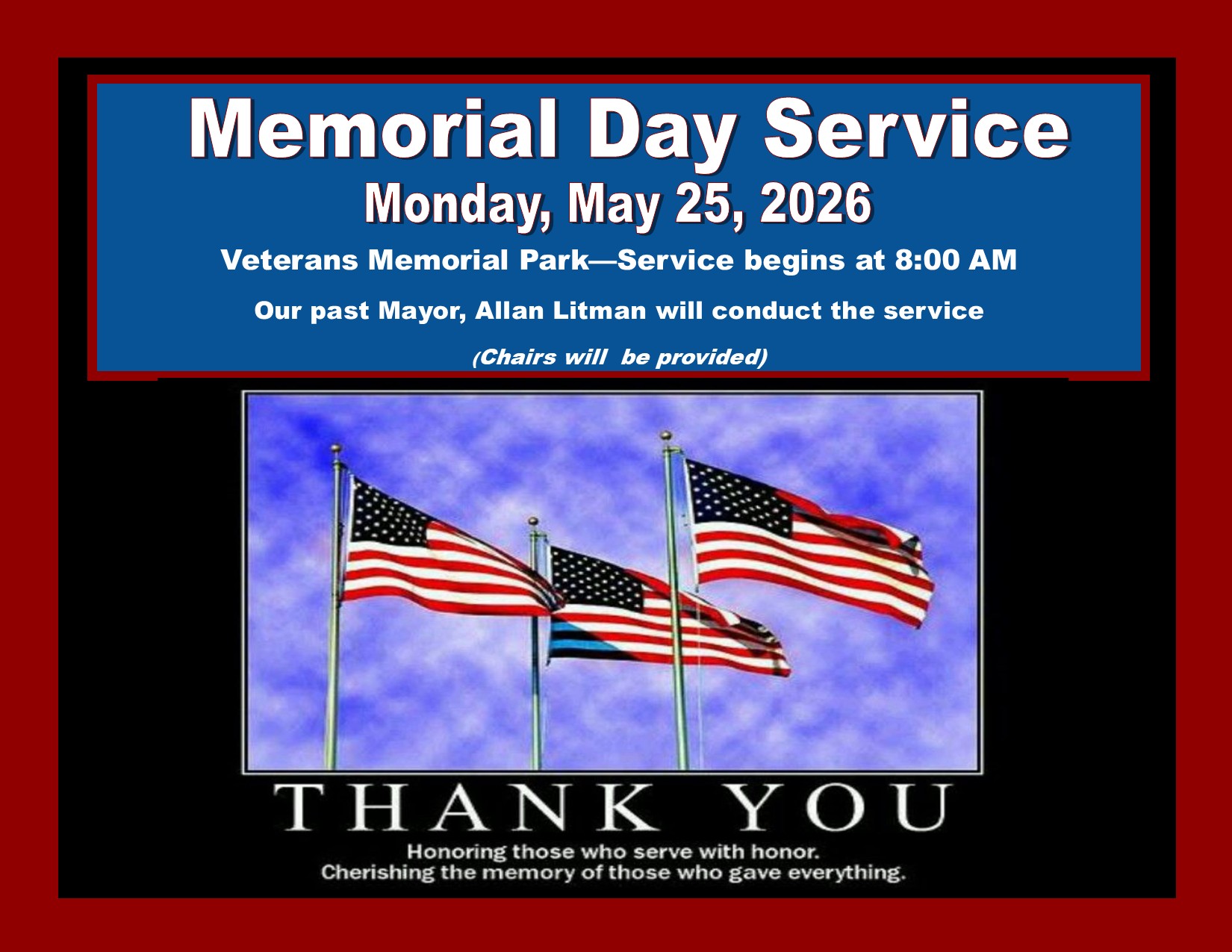 Memorial Day Service - May 2026 at 8:00 am, Veterans Memorial Park