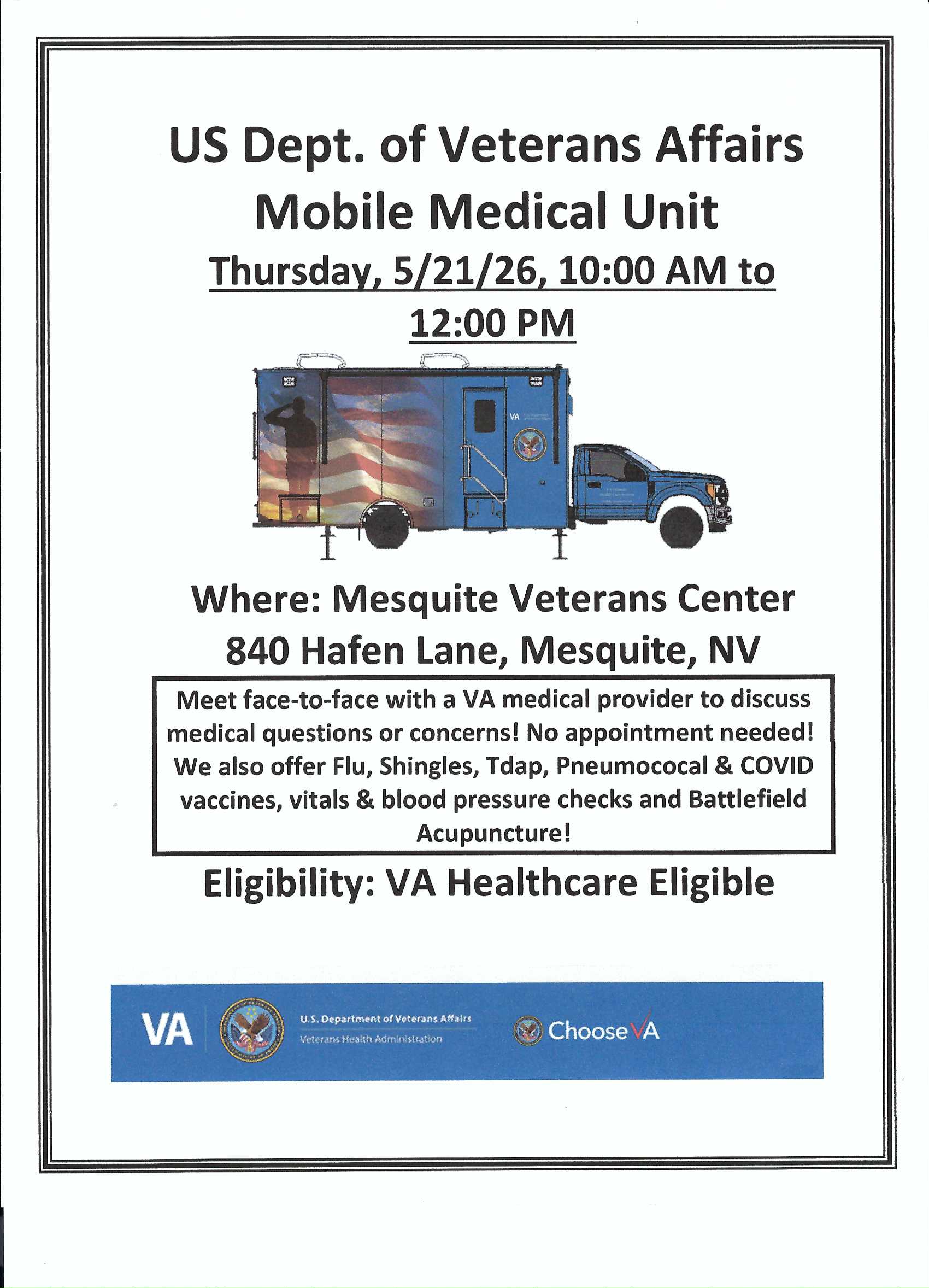 The Veterans Mobile Medical Unit will be back in Mesquite at the Veterans Center - Thursday, 5/21/2026