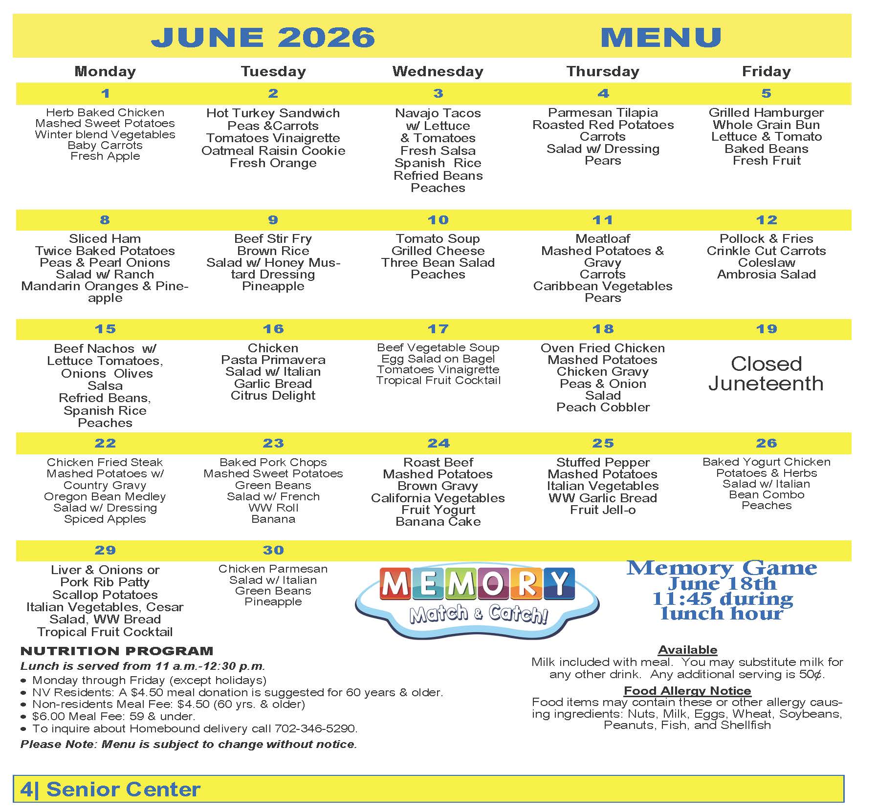Senior Center Lunch Menu - June
