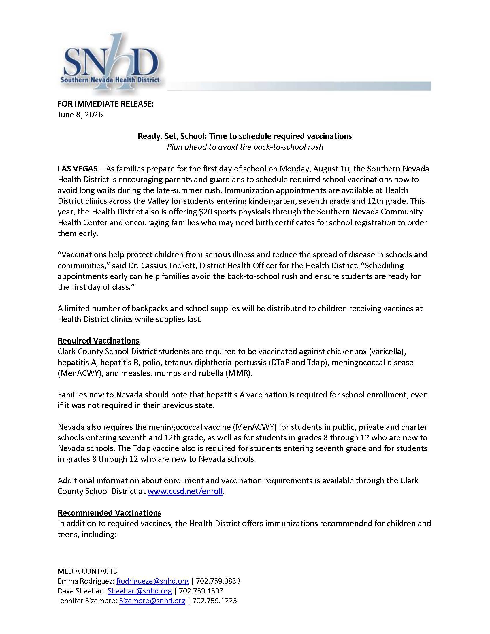SNHD - Press Release - Back to School Vaccinations
