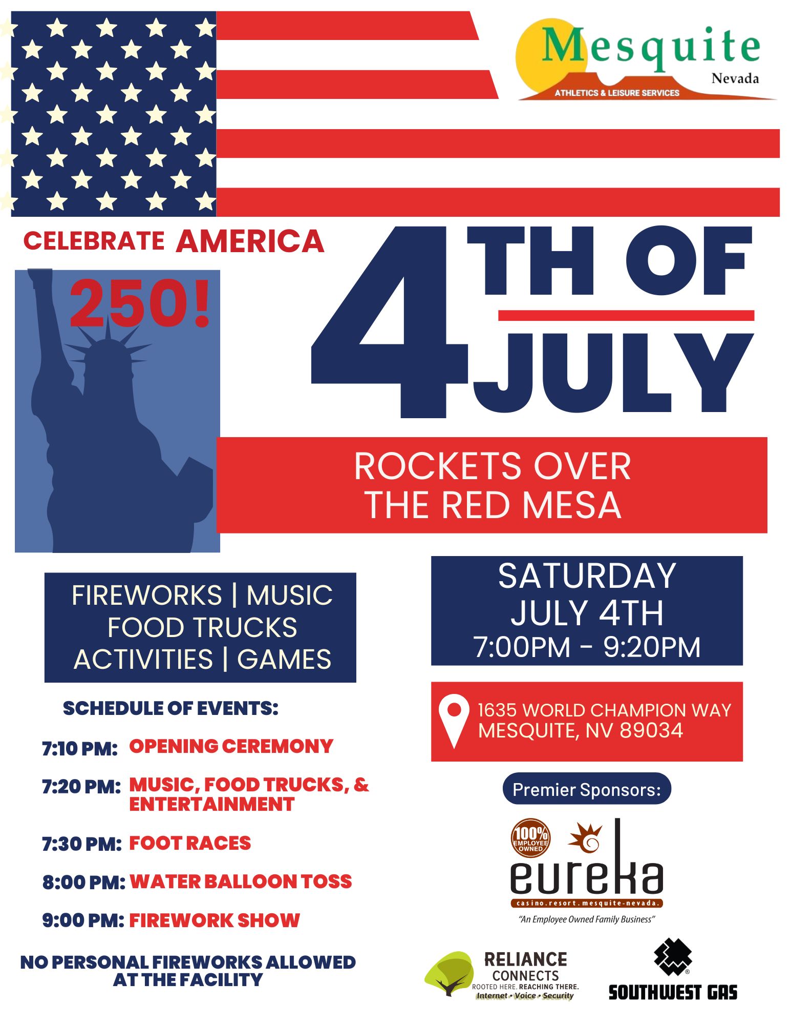 Celebrate America's 250th Birthday with "Rockets Over the Red Mesa" at the Sports and Events Complex, Saturday, July 4, 2026.