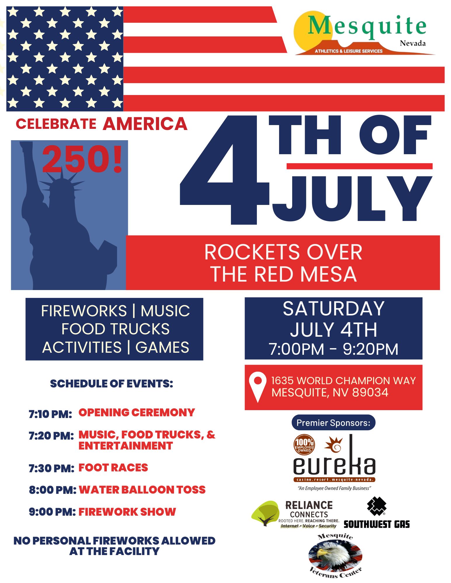 Celebrate America's 250th Birthday with "Rockets Over the Red Mesa" at the Sports and Events Complex, Saturday, July 4, 2026.