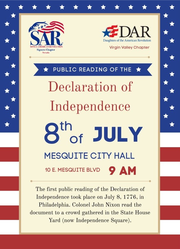 Come join SAR & DAR (Sons & Daughters of the American Revolution) for the public reading of the Declaration of Independence at 9:00 AM on July 8, 2026 in front of City Hall.