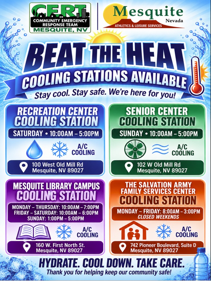 Due to the extreme heat warning issued by the US National Weather Service from 10:00a.m. Thursday through 5:00pm Sunday the following locations will be open as cooling stations in our community this weekend. To help residents stay safe, these designated cooling stations are for anyone needing relief from the extreme heat. 