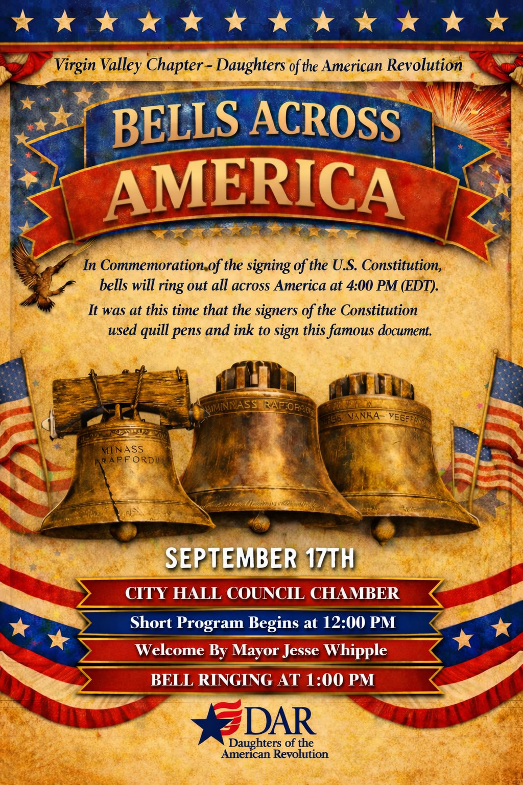 Come join the annual tradition of ringing the bells across America! Sept 17th at City Hall Chambers at noon.