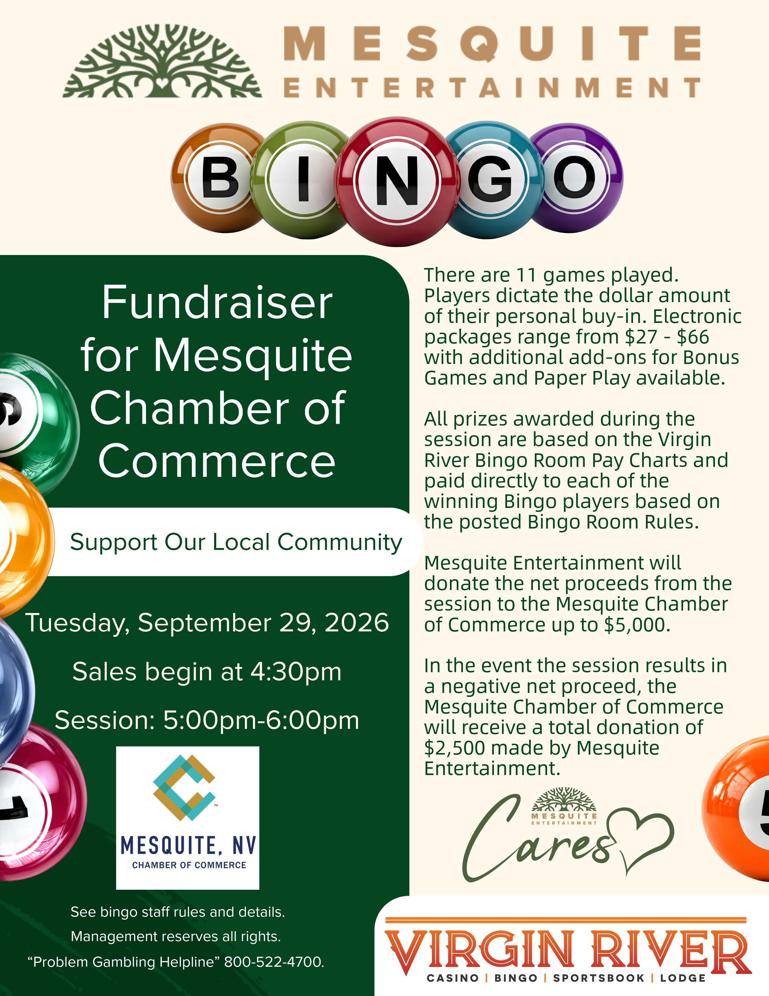 Bingo fundraiser benefiting the Mesquite Chamber of Commerce Sept 29 at  5pm