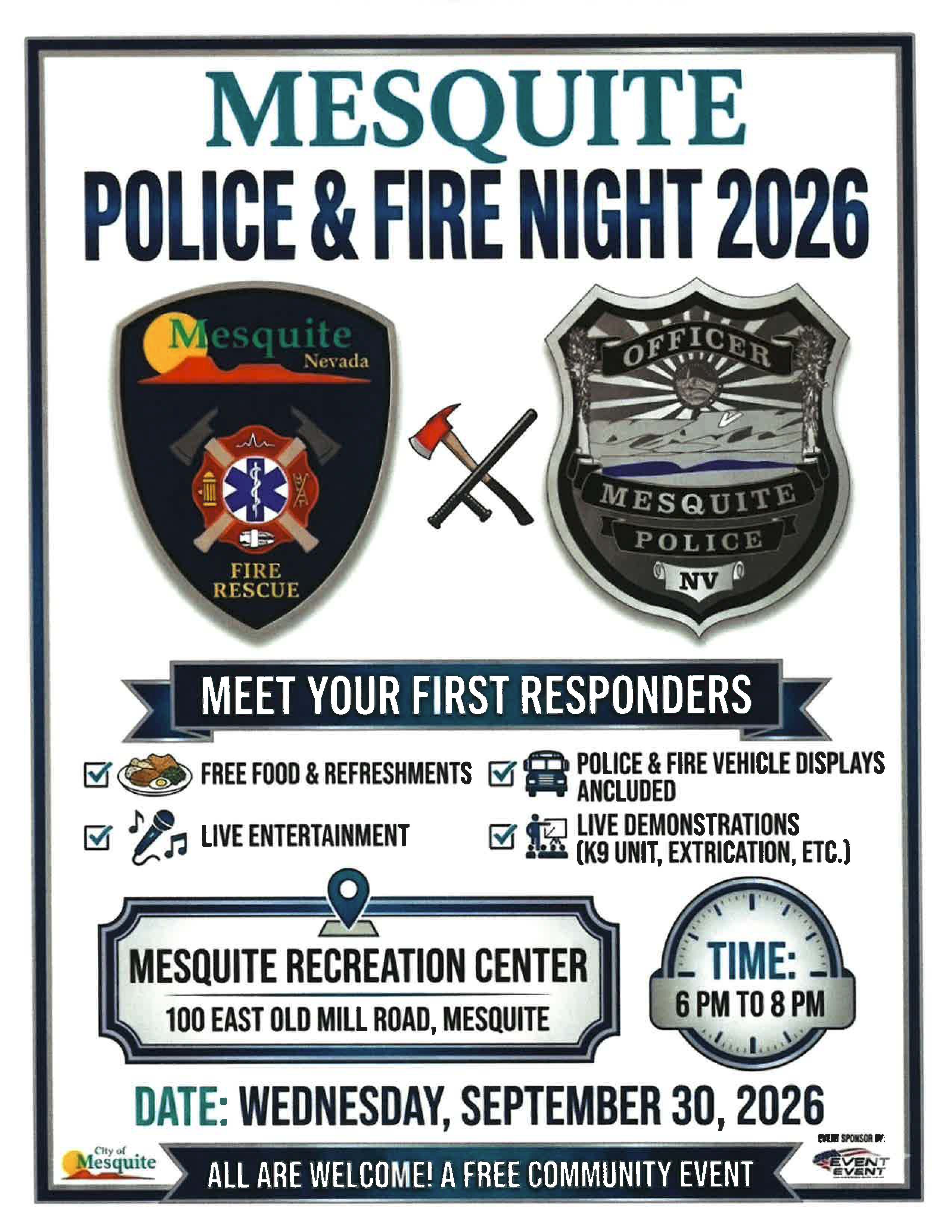 Mark your calendars, Mesquite residents! We're thrilled to announce Mesquite Police and Fire Night, happening on September 30, 2026 at 6:00 PM!