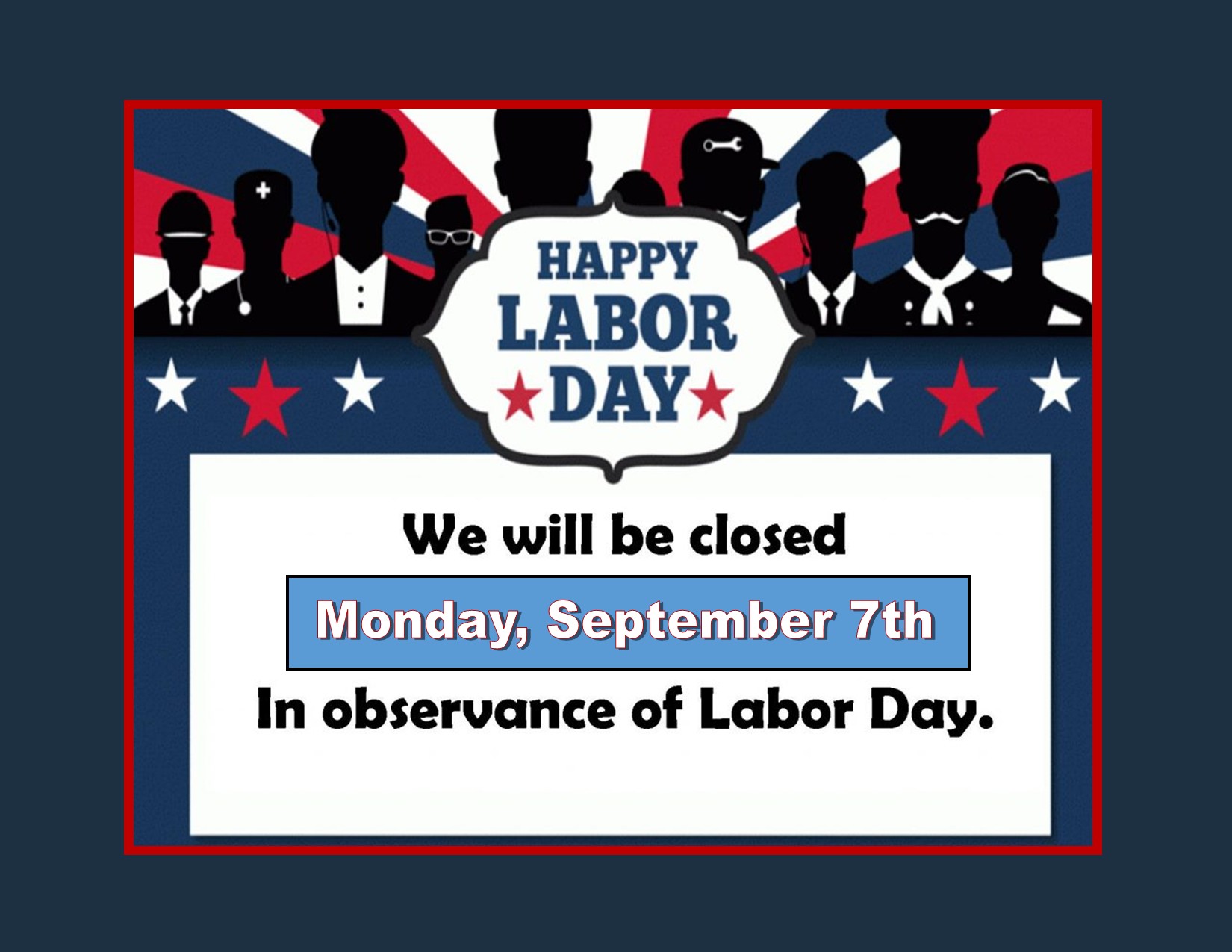 The City Hall Offices will be closed on Monday, September 7th, 2026, in observance of Labor Day.