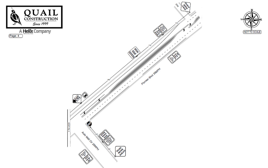 TEMPORARY TRAFFIC SHIFT AND SINGLE-LANE CLOSURESLocation: West Pioneer Boulevard (Between Auto Mall Circle and Willis Carrier Canyon)Dates: September 14, 2026 to September 18, 2026Time: 24 hours