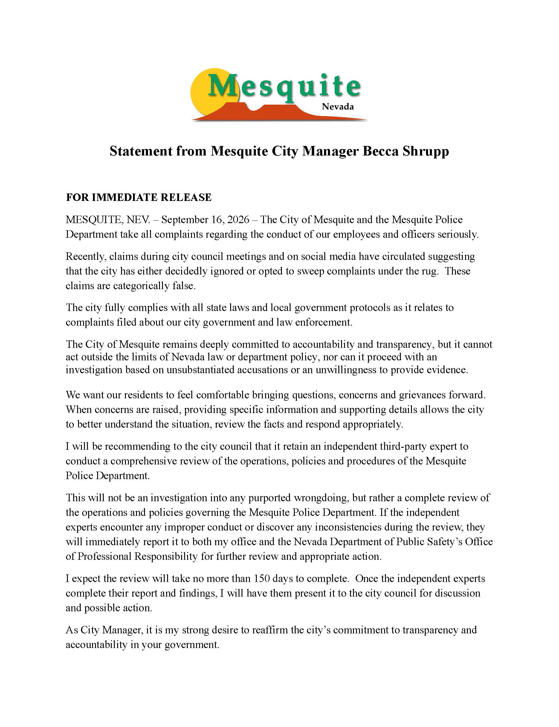 Statement from Mesquite City Manager Becca Shrupp