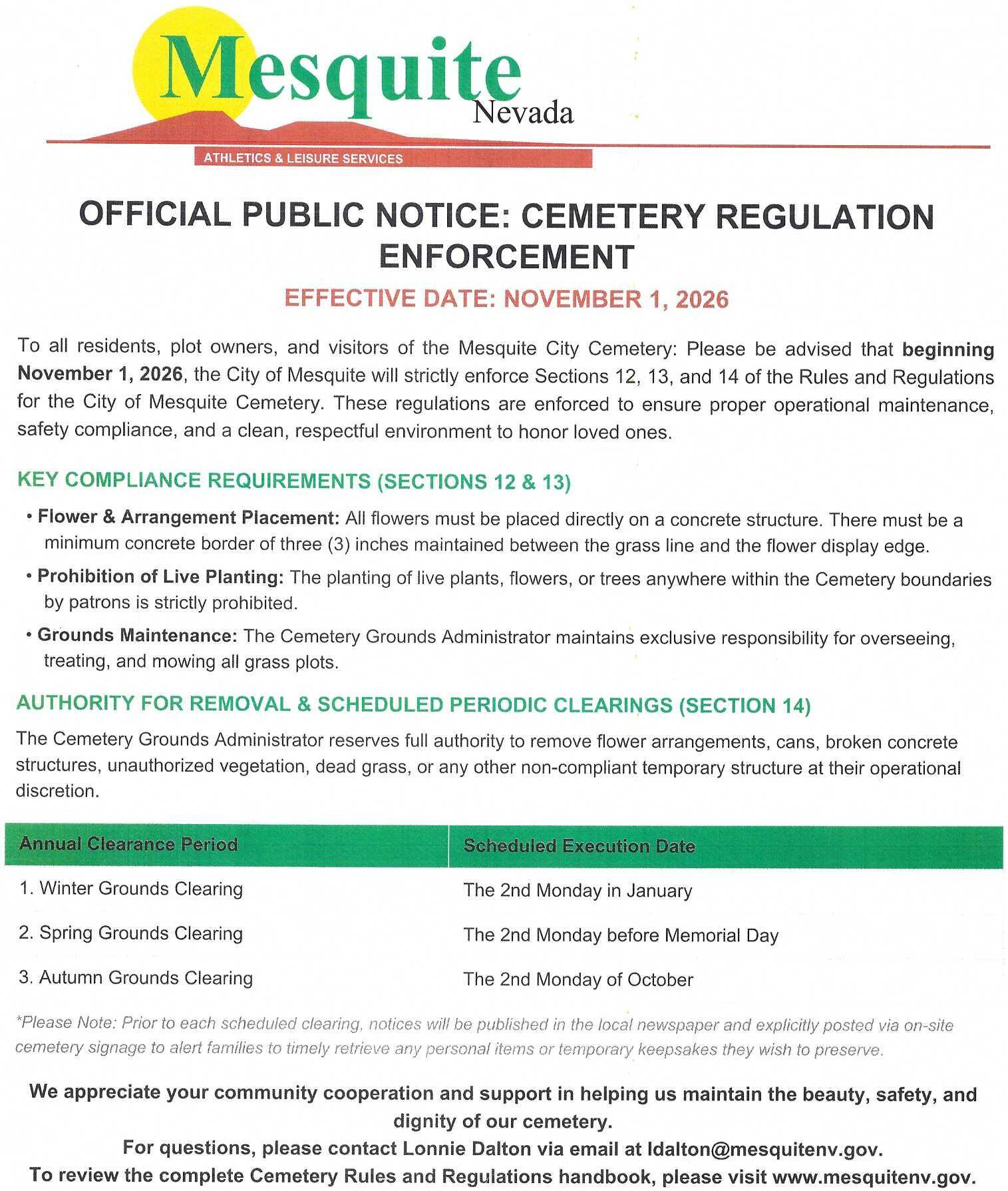 CEMETERY REGULATION ENFORCEMENT: Effective November