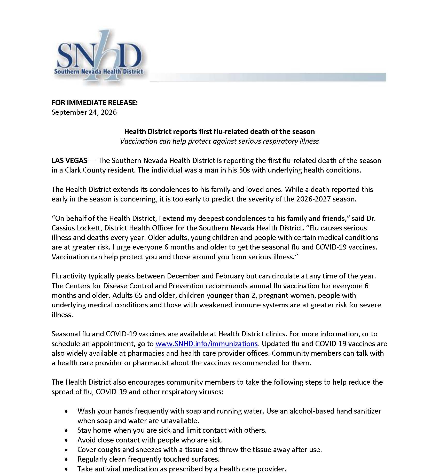 SNHD - Press Release -  Health District reports first flu-related death of the season