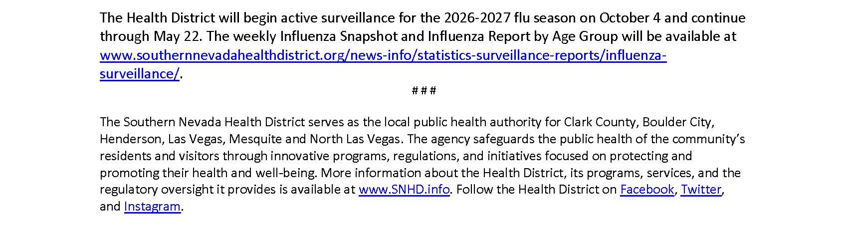 SNHD - Press Release -  Health District reports first flu-related death of the season