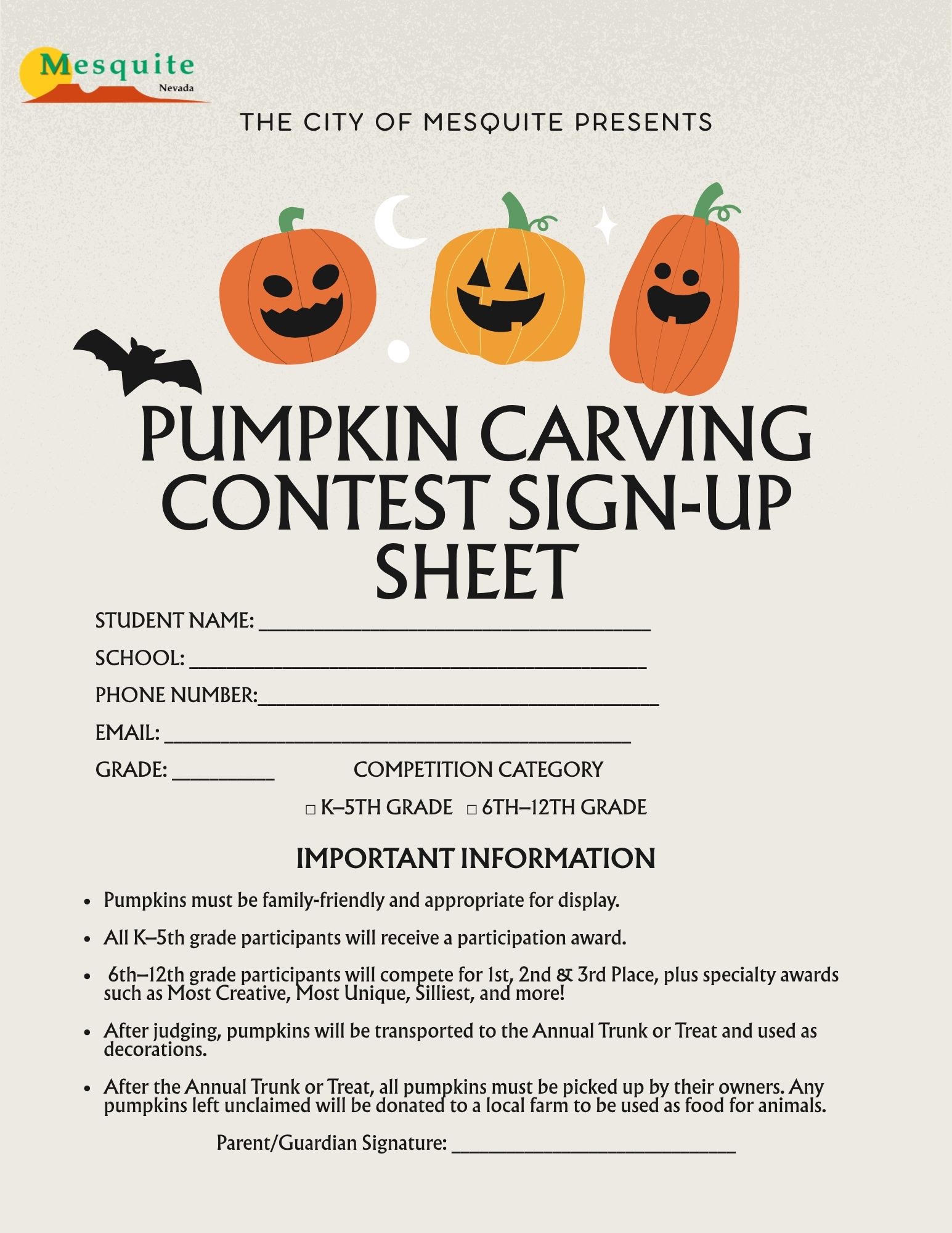 Pumpkin Carving Contest - City of Mesquite - 2026 / sign-up sheet