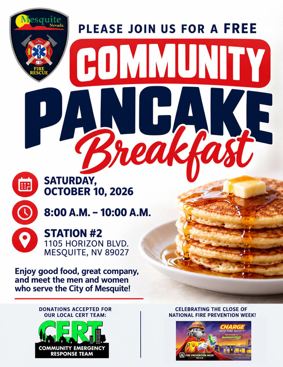 Community Free Pancake Breakfast! Saturday, October 10th, 2026 / 8 am - 10 am at Fire Station #2