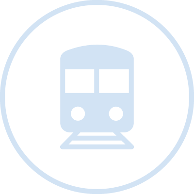 Light blue icon of a train facing forward inside a circular border.