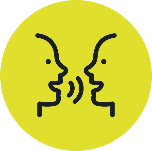 Icon of two stylized faces facing each other with sound waves between them on a yellow circular background, symbolizing communication.