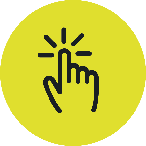 Icon of a hand with an extended index finger touching or clicking, with lines radiating to indicate a tap or click action on a yellow circular background.