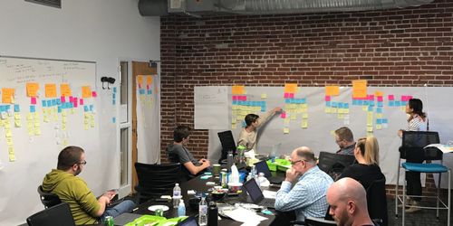 Group of people in a workshop sitting around a table with laptops, engaged in a story mapping session using sticky notes on large white sheets taped to a brick wall.