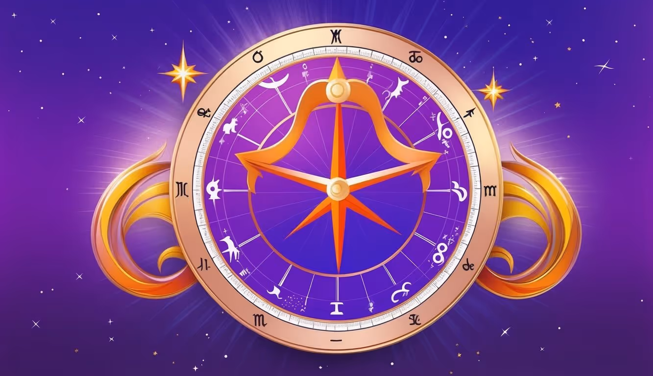 A vibrant, professional illustration of a Sagittarius horoscope featuring a purple gradient background