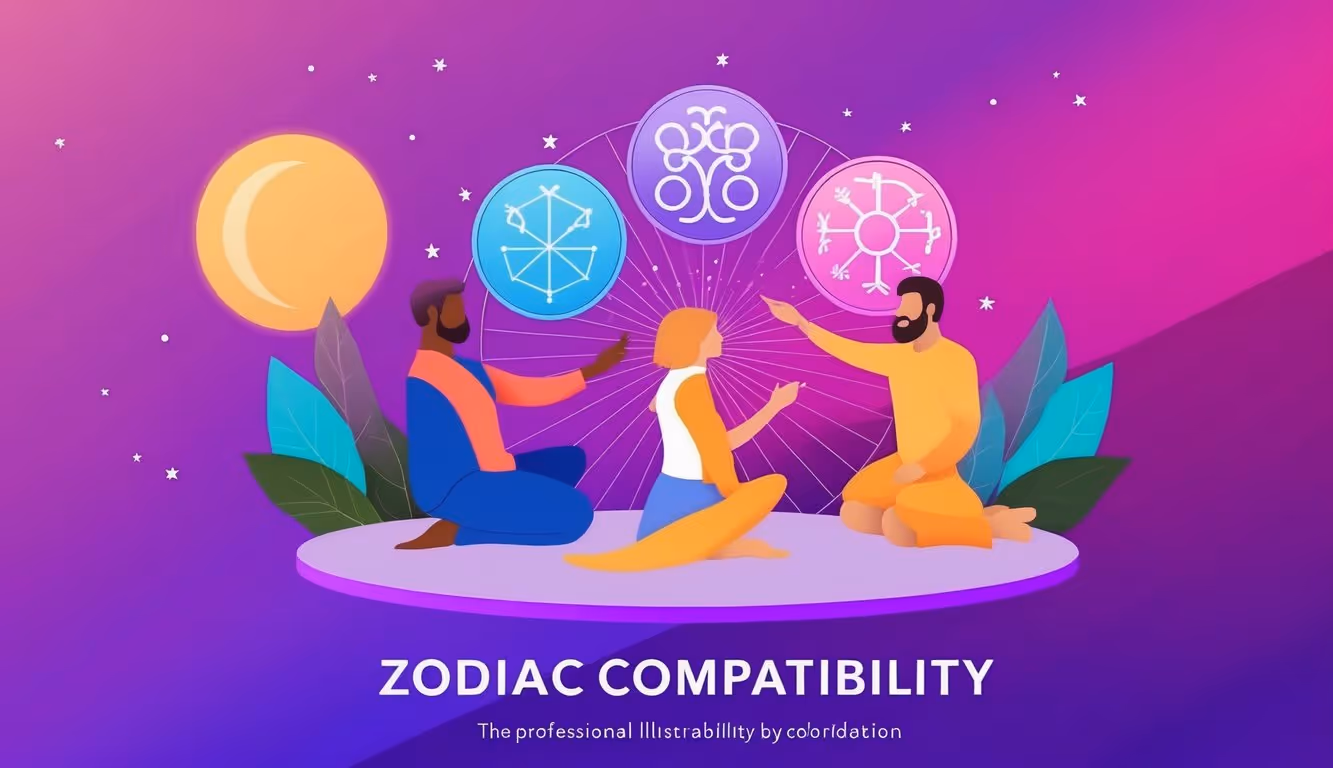 The vibrant purple gradient background sets the stage for a professional illustration depicting zodiac compatibility