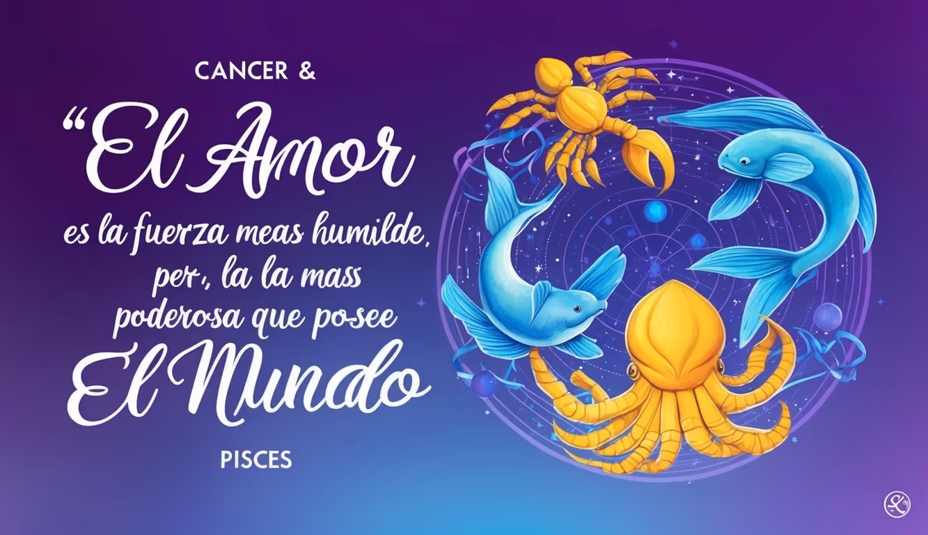 A vibrant illustration of Cancer and Pisces, featuring a purple gradient background and the quote "El amor es la fuerza más humilde, pero la más poderosa que posee el mundo" in elegant script