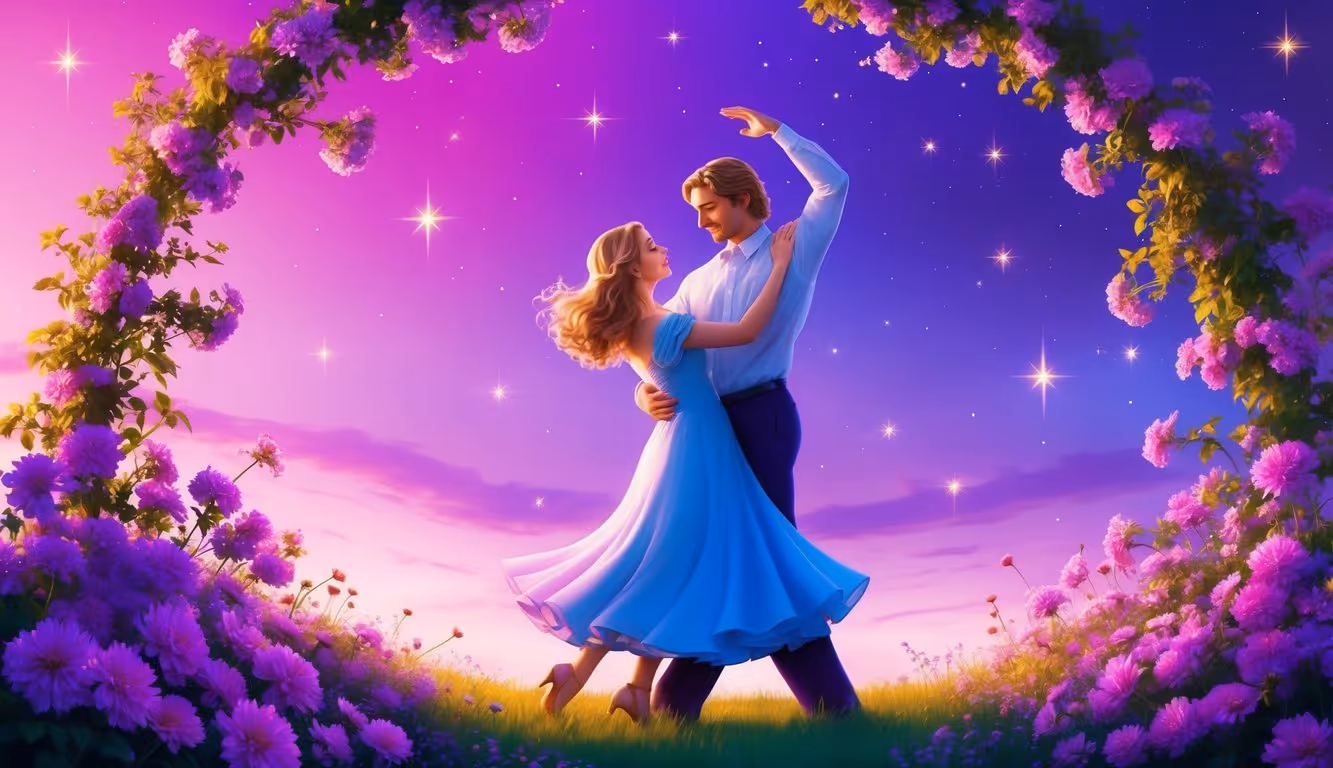 Leo and Libra dance under a vibrant, purple gradient sky, surrounded by blooming flowers and twinkling stars
