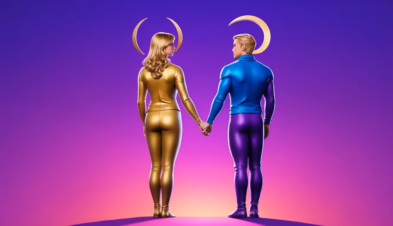 Two figures, Gemini and Capricorn, stand back to back against a vibrant purple gradient background