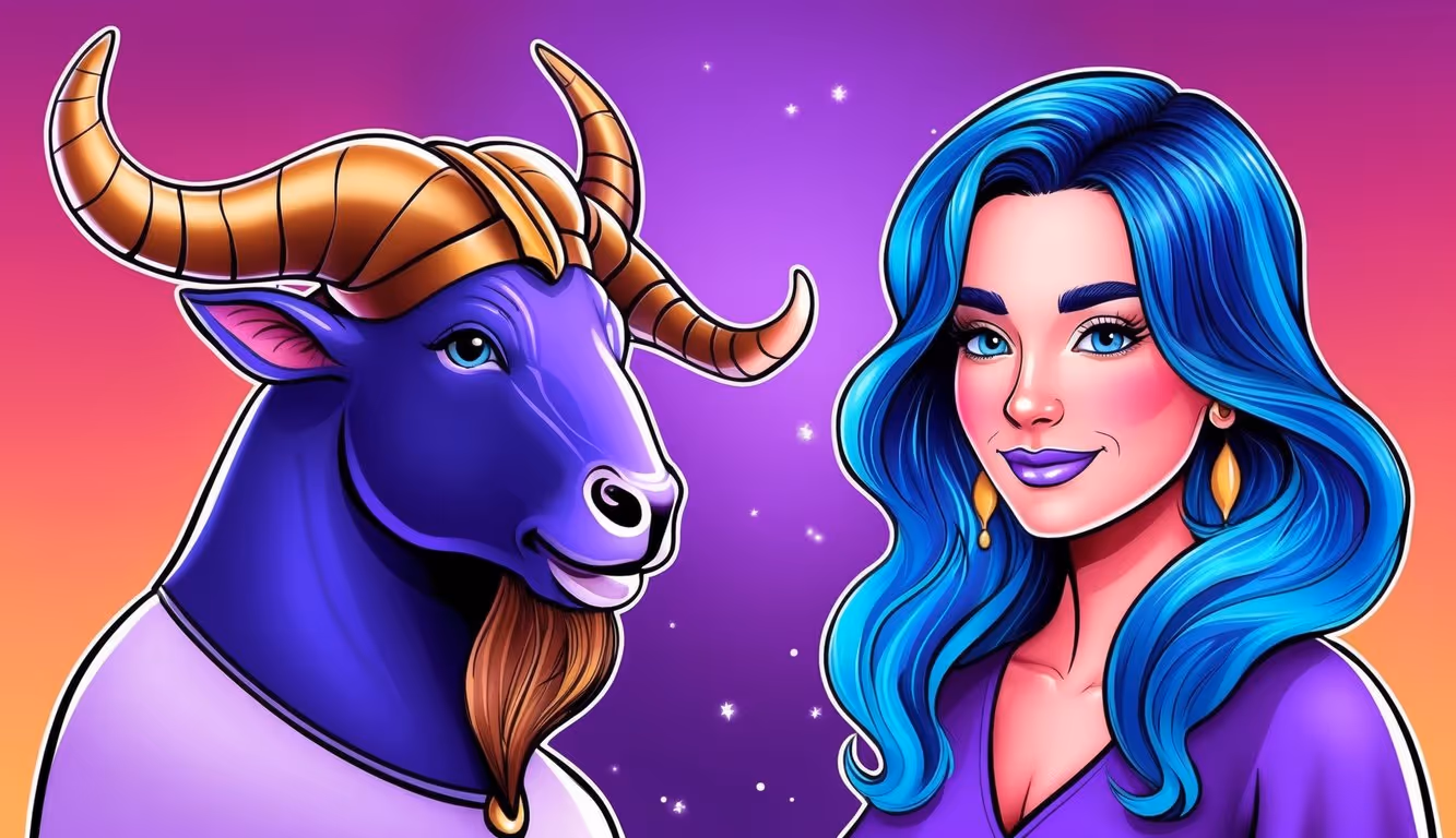 A vibrant illustration of a Taurus and Pisces, featuring a purple gradient background to symbolize their compatibility
