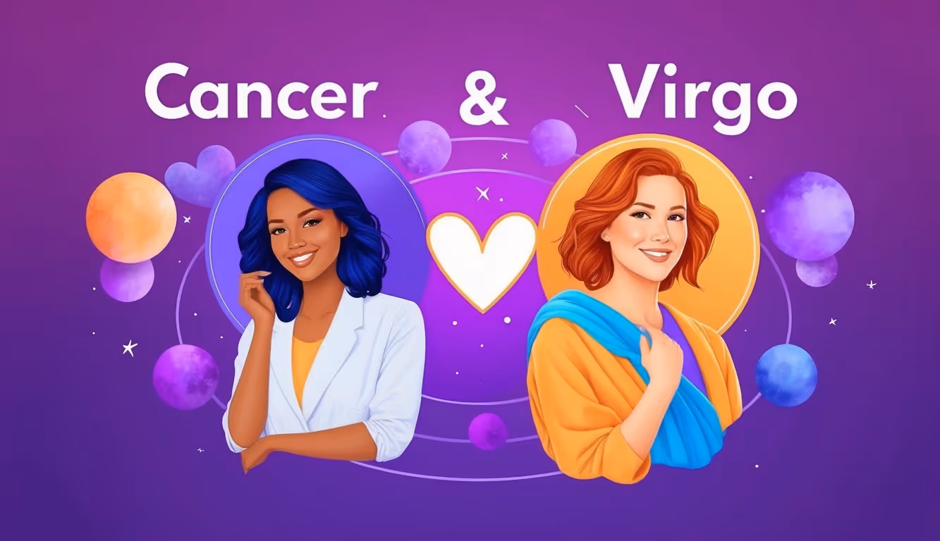 A vibrant, professional illustration of Cancer and Virgo compatibility, featuring a purple gradient background