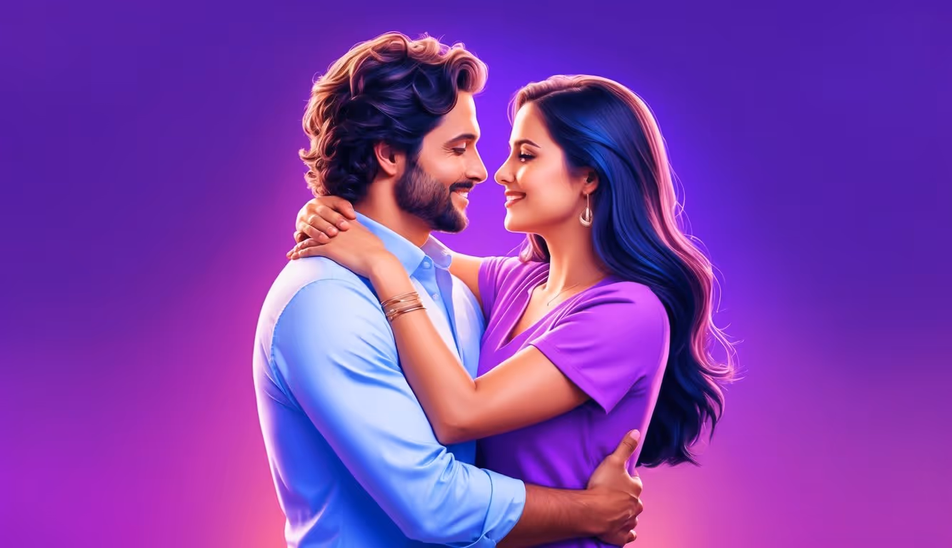 Leo and Virgo embrace in a vibrant, purple gradient setting, their compatibility evident in their harmonious interaction