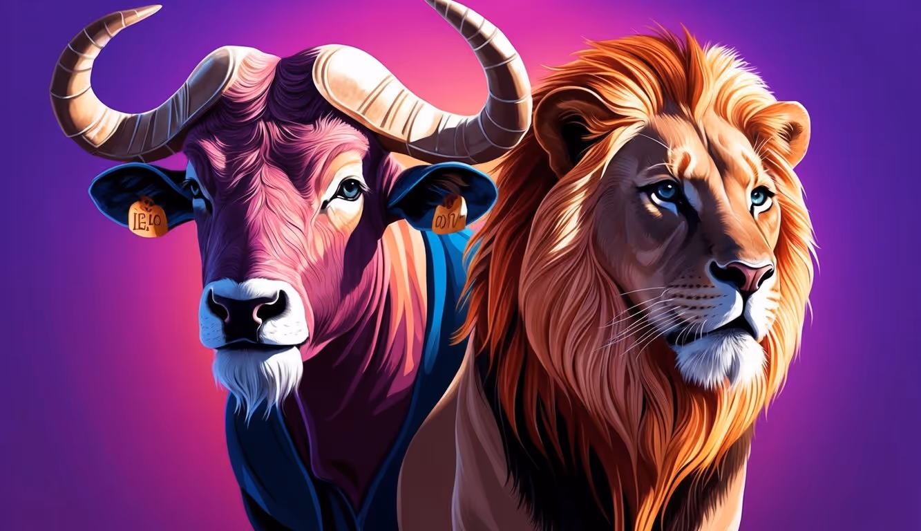 A vibrant, professional illustration of Taurus and Leo, featuring a purple gradient background