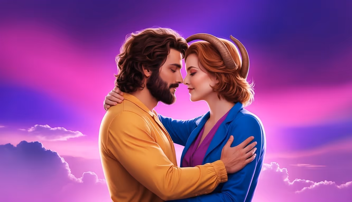 Leo and Capricorn embrace under a vibrant, purple gradient sky