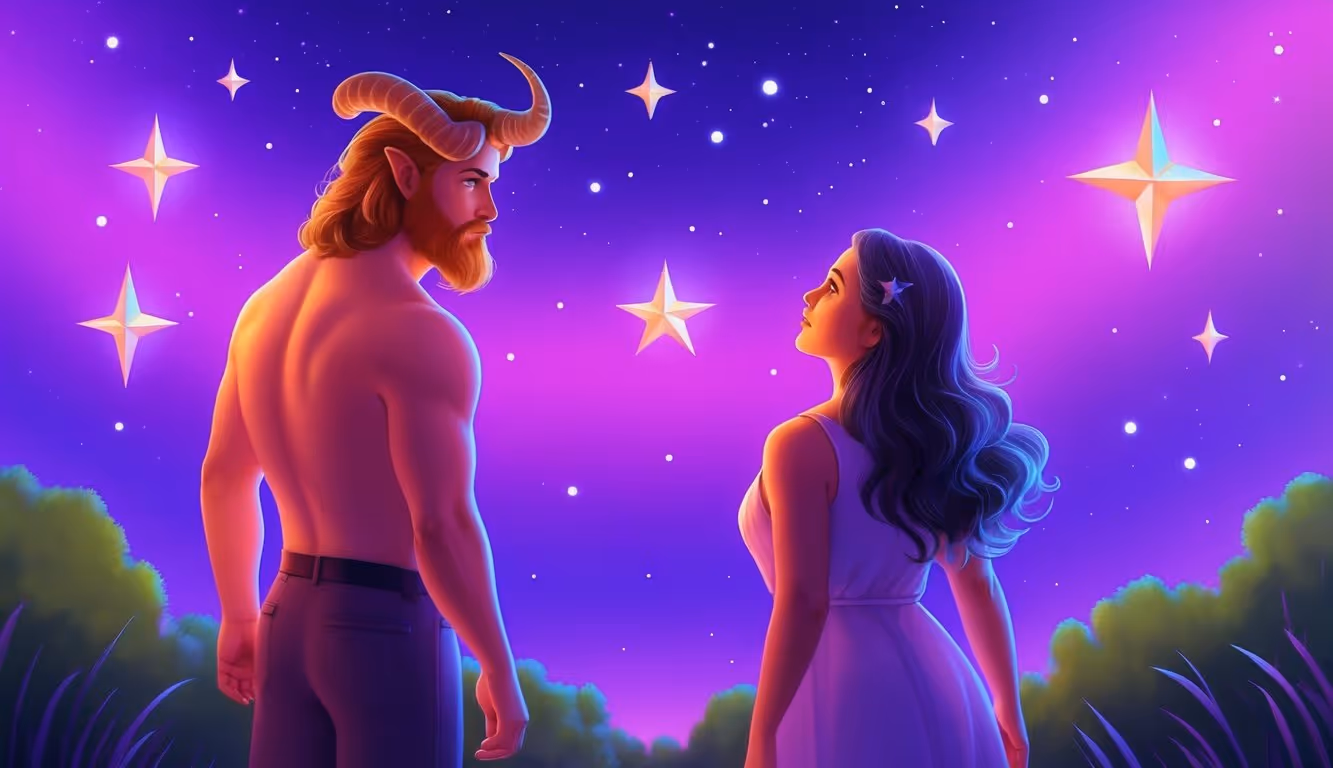 Taurus and Virgo stand amidst a vibrant, purple gradient, gazing at the stars