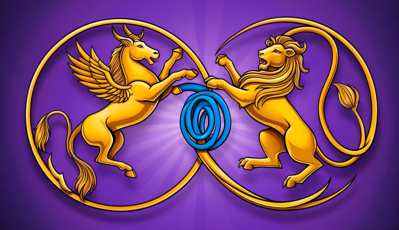 A vibrant illustration of Cancer and Leo, featuring a purple gradient background and the two zodiac signs entwined in a dynamic and harmonious display