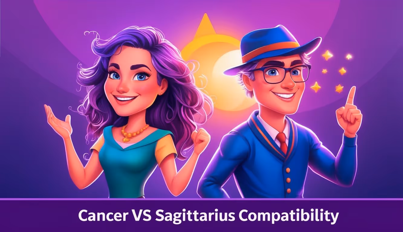 A vibrant professional illustration of Cancer and Sagittarius compatibility, featuring a purple gradient background and dynamic, expressive characters