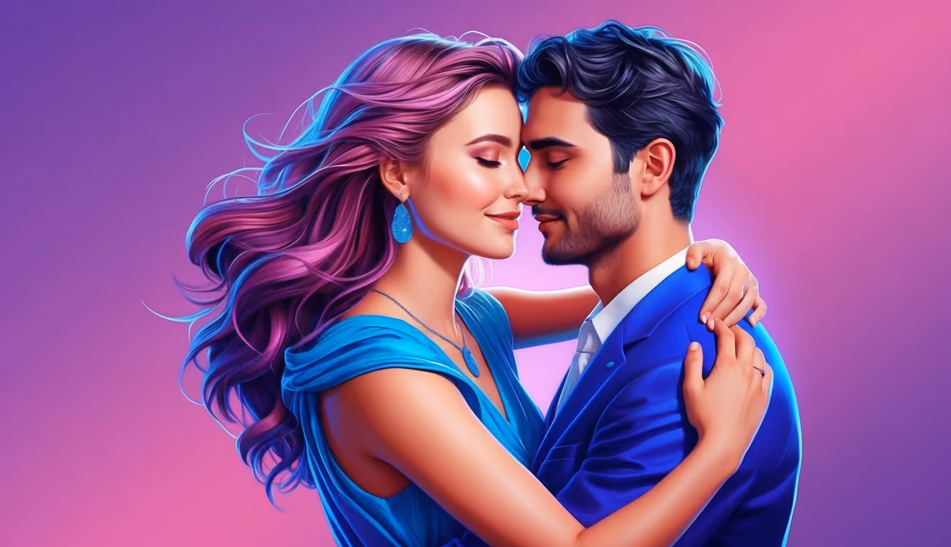 Gemini and Pisces embrace in a vibrant, professional illustration, with a purple gradient background