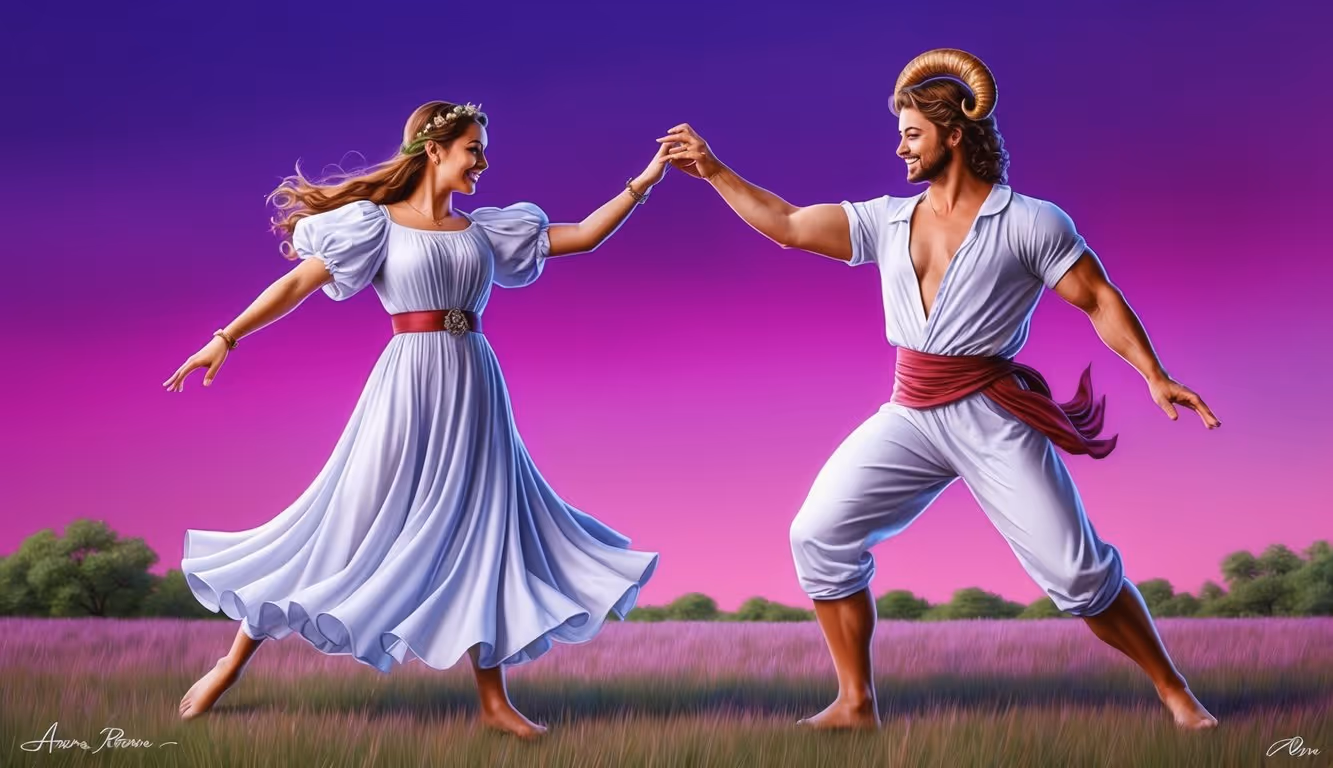 Aries and Capricorn dancing under a vibrant purple gradient sky
