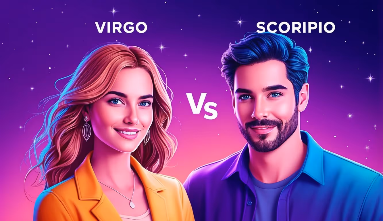 A vibrant, professional illustration of Virgo and Scorpio in a purple gradient setting, depicting their compatibility