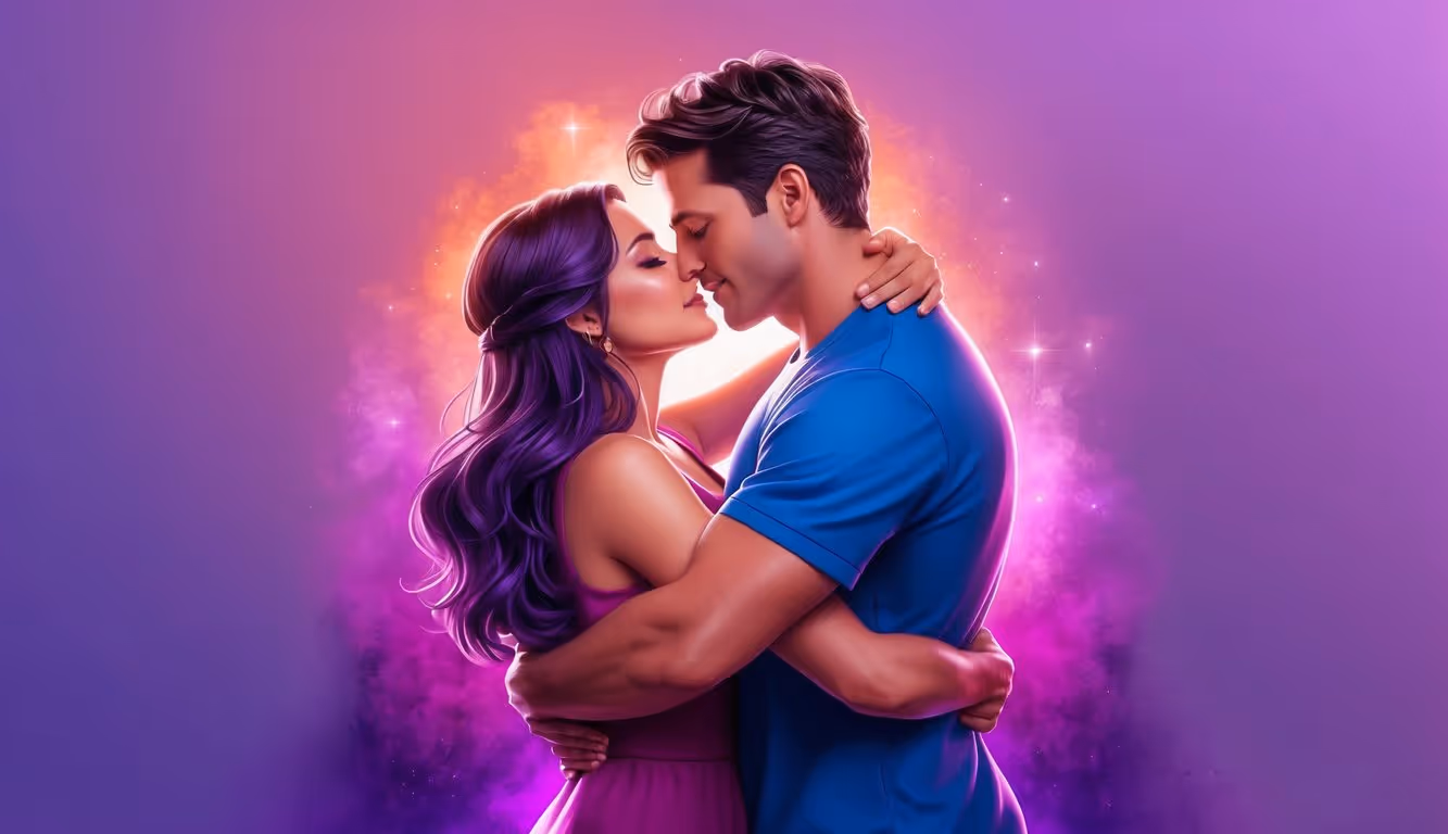 Aries and Scorpio locked in a passionate embrace, surrounded by vibrant purple hues blending into a gradient background