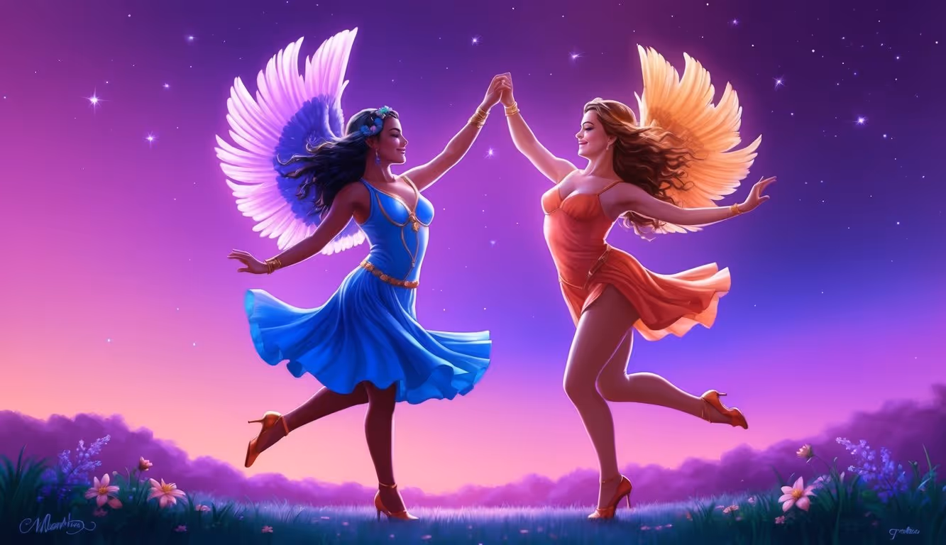 Aries and Gemini dancing under a vibrant, purple gradient sky