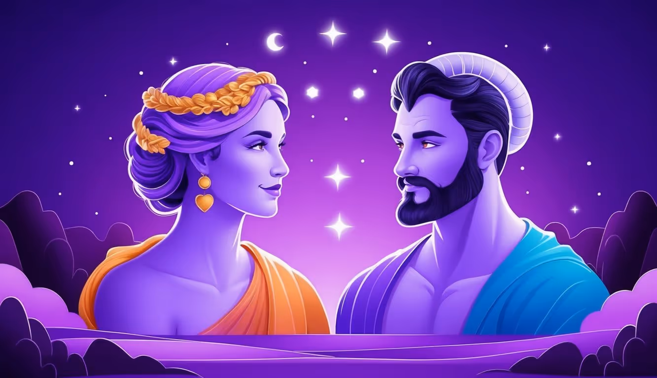 A vibrant, professional illustration of Taurus and Capricorn in a purple gradient, showcasing their compatibility through a serene and harmonious scene