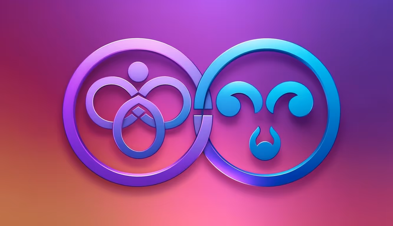 The illustration shows a vibrant purple gradient background with Capricorn and Aquarius symbols entwined, symbolizing their compatibility